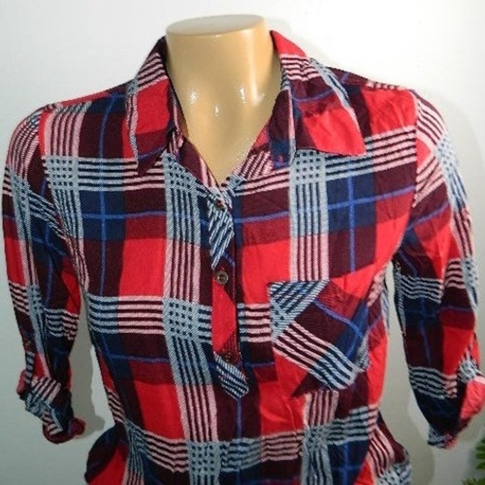 Wet Seal Plaid Blouse Women Small Red Navy Roll Tab Sleeve Elastic Hem Deadstock